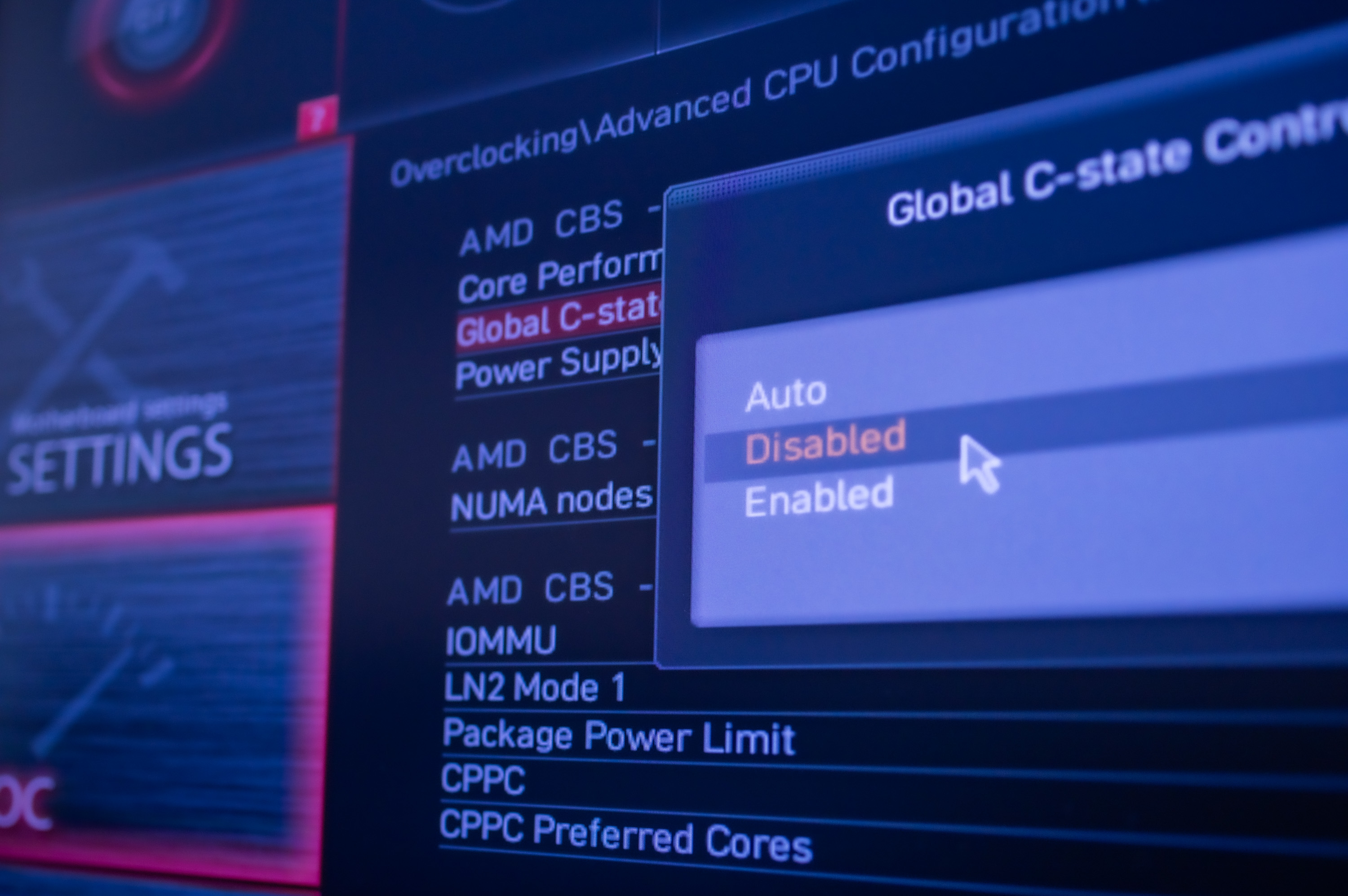BIOS settings screen showing the Global C-State Control option set to Disabled under AMD CBS Advanced CPU Configuration, with Auto, Disabled and Enabled options visible in a dropdown menu