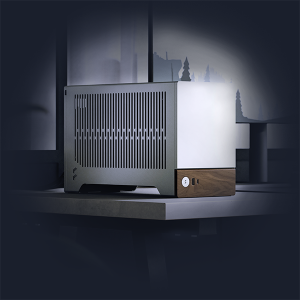 Studio Series workstation showing solid walnut front panel and anodized aluminum shell